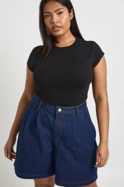 Short Boyfriend En Denim Plissé Grande Taille