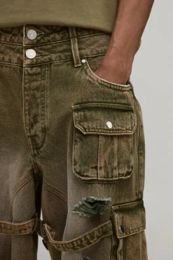 Short Cargo Déchiré Parachute Effet Ultra Délavé Multi-poches
