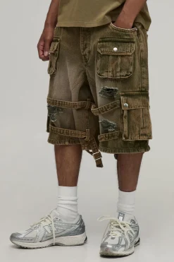 Short Cargo Déchiré Parachute Effet Ultra Délavé Multi-poches