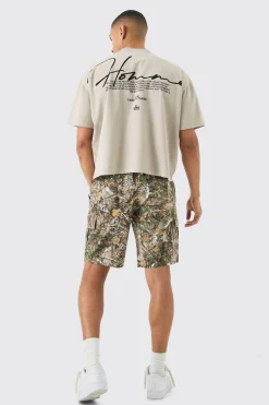 Short cargo décontracté à taille fixe, camouflage forêt