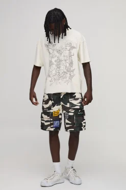 boohooMAN Short Cargo En Denim Avec Écussons Multiples<Homme Denim|Tout Afficher