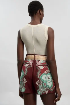 Short City Tissé À Imprimé Viscose Lin Miroité Avec Ceinture En Raphia