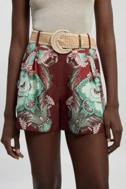 Short City Tissé À Imprimé Viscose Lin Miroité Avec Ceinture En Raphia