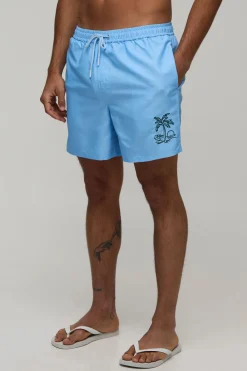 boohooMAN Short De Bain Mi-long Brodé De Palmiers<Homme Maillots De Bainnouveau
