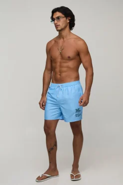 boohooMAN Short De Bain Mi-long Brodé De Palmiers<Homme Maillots De Bainnouveau