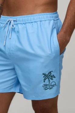 boohooMAN Short De Bain Mi-long Brodé De Palmiers<Homme Maillots De Bainnouveau