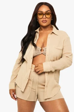 Short De Plage Grande Taille En Coton Froissé