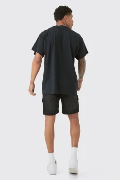Short en denim cargo rigide slim en noir