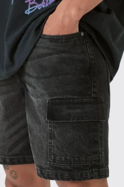 Short en denim cargo rigide slim en noir