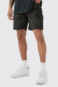 Short en denim cargo rigide slim en noir