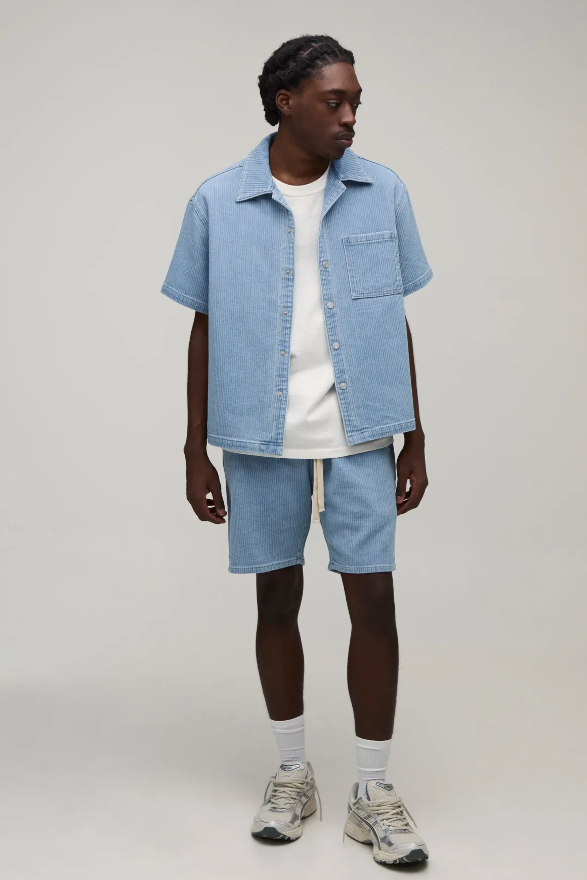 Short En Denim Côtelé Délavé Coupe Décontractée