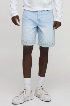 Short En Denim Décontracté Orné De Perles