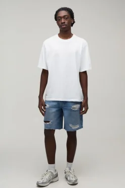 boohooMAN Short En Denim Délavé Déchiré Coupe Ample<Homme Denim|Nouveautés Grande Taille