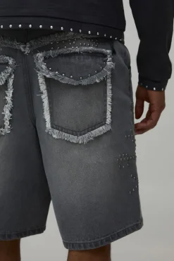 boohooMAN Short En Denim Délavé Rigide Avec Poches Ornées Coupe Ample<Homme Denim|Tout Afficher