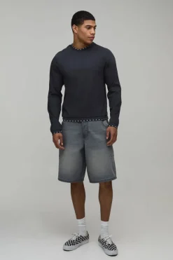 boohooMAN Short En Denim Délavé Rigide Avec Poches Ornées Coupe Ample<Homme Denim|Tout Afficher
