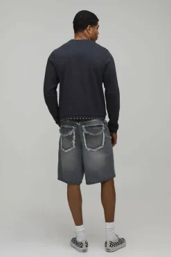 boohooMAN Short En Denim Délavé Rigide Avec Poches Ornées Coupe Ample<Homme Denim|Tout Afficher