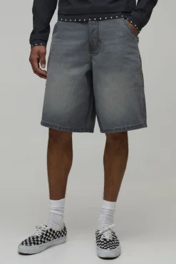 boohooMAN Short En Denim Délavé Rigide Avec Poches Ornées Coupe Ample<Homme Denim|Tout Afficher