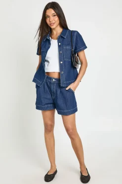Short En Denim Plissé Évasé