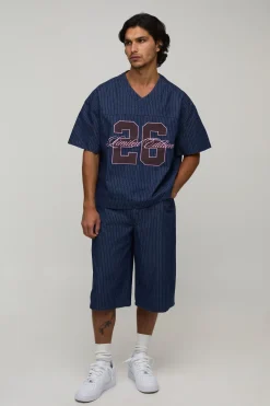 boohooMAN Short En Denim À Rayures Tennis Coupe Ample Style Varsity<Homme Ensembles|Denim