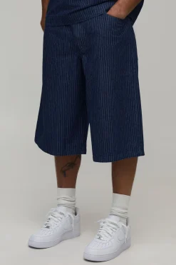 boohooMAN Short En Denim À Rayures Tennis Coupe Ample Style Varsity<Homme Ensembles|Denim