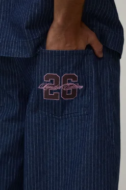 boohooMAN Short En Denim À Rayures Tennis Coupe Ample Style Varsity<Homme Ensembles|Denim