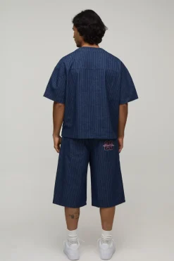 boohooMAN Short En Denim À Rayures Tennis Coupe Ample Style Varsity<Homme Ensembles|Denim