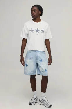 Short En Denim Rigide Étoile Appliquée Coupe Décontractée