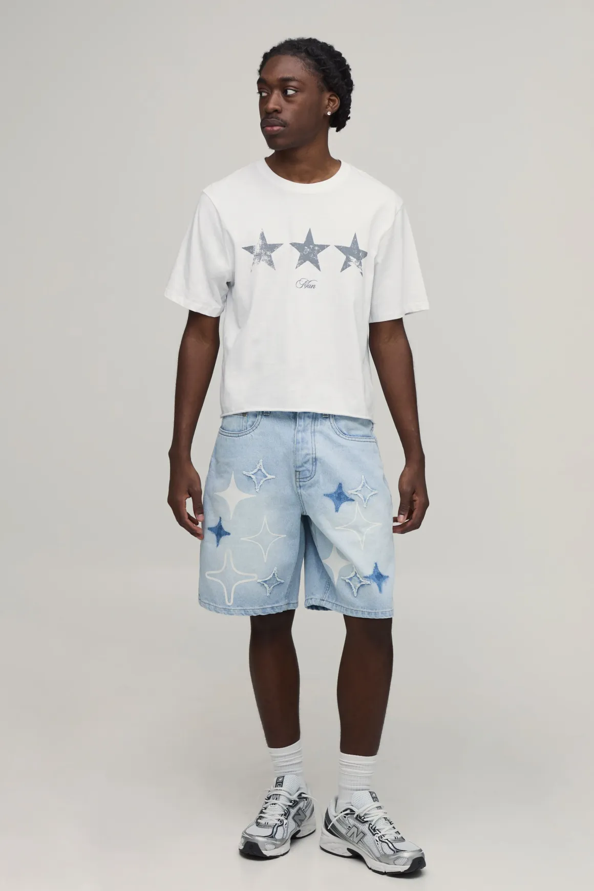 Short En Denim Rigide Étoile Appliquée Coupe Décontractée