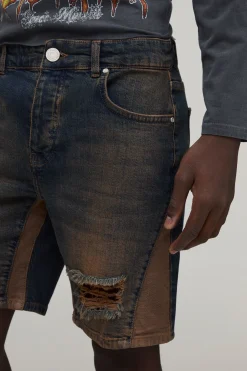 Short En Denim Skinny Délavage Froissé Genou Déchiré Avec Gousset