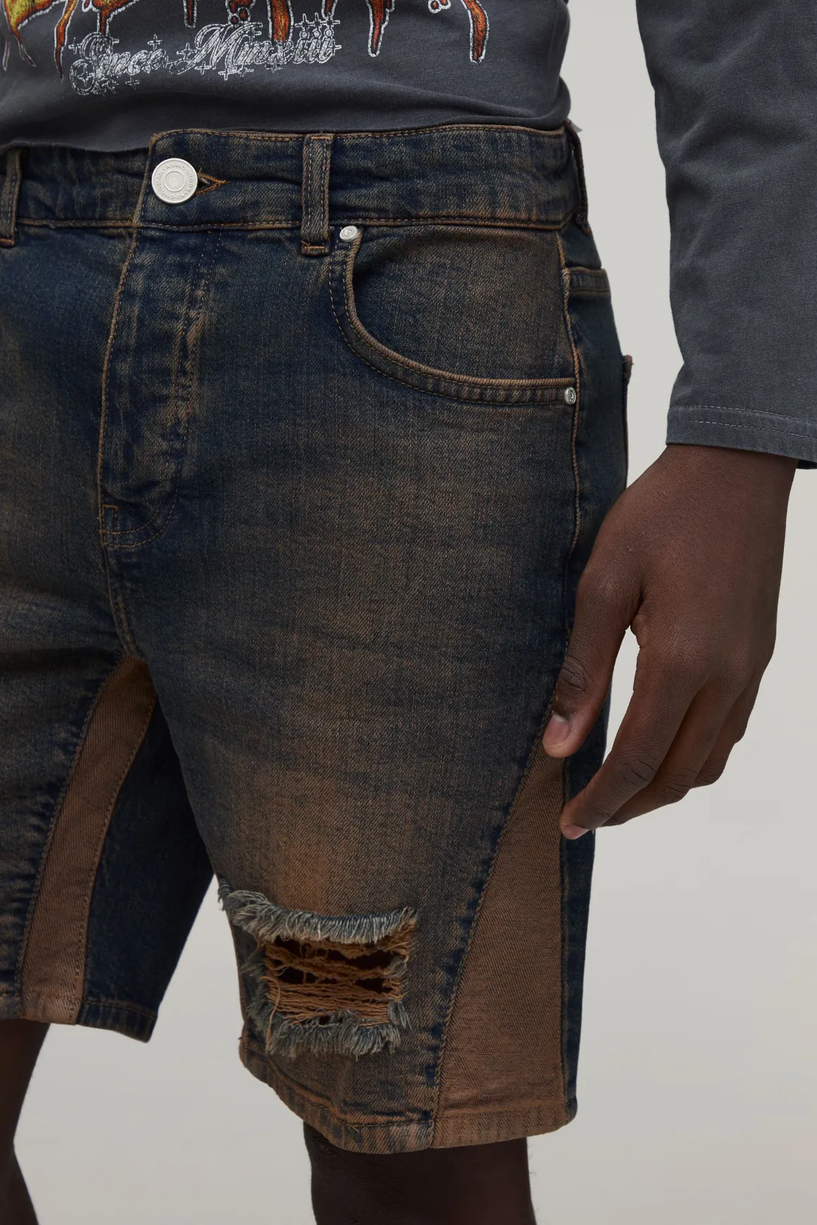 Short En Denim Skinny Délavage Froissé Genou Déchiré Avec Gousset