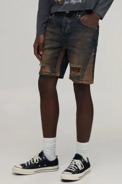 Short En Denim Skinny Délavage Froissé Genou Déchiré Avec Gousset