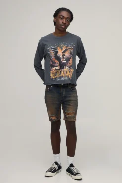 Short En Denim Skinny Délavage Froissé Genou Déchiré Avec Gousset