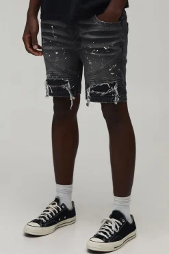 boohooMAN Short En Denim Super Skinny Biker Déchiré & Réparé Avec Éclaboussures De Peinture<Homme Denim|Denim