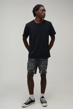boohooMAN Short En Denim Super Skinny Biker Déchiré & Réparé Avec Éclaboussures De Peinture<Homme Denim|Denim