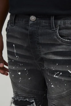 boohooMAN Short En Denim Super Skinny Biker Déchiré & Réparé Avec Éclaboussures De Peinture<Homme Denim|Denim