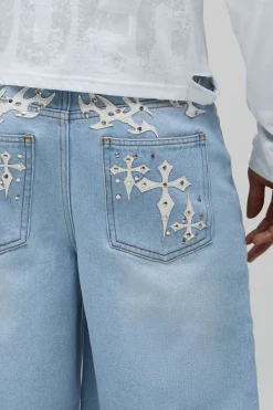 Short En Jean Avec Appliqué Croix Ornée De Strass