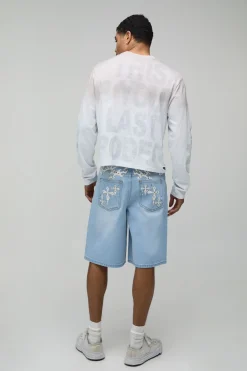 Short En Jean Avec Appliqué Croix Ornée De Strass