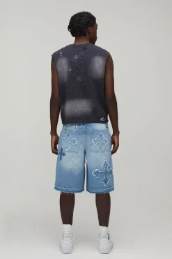 Short En Jean Avec Croix Appliquée En Strass