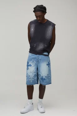Short En Jean Avec Croix Appliquée En Strass
