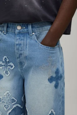 Short En Jean Avec Croix Appliquée En Strass