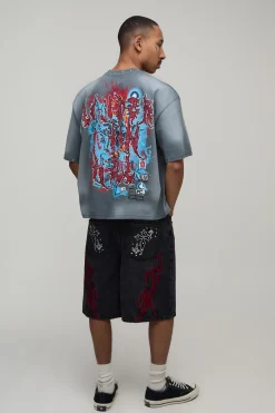 Short En Jean Brodé Avec Applique Croix Coupe Parachute