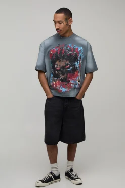 Short En Jean Brodé Avec Applique Croix Coupe Parachute
