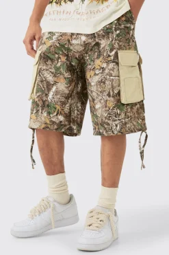 Short en Jean Camouflage Forêt à Panneaux Contrastés