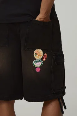 Short En Jean Cargo Baggy Avec Appliqué