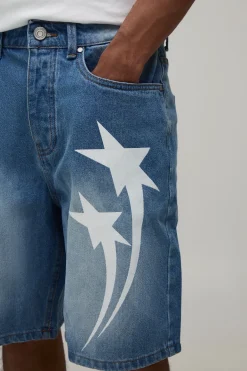Short En Jean À Coutures Contrastées Et Motif Étoile Coupe Décontractée