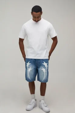 Short En Jean À Coutures Contrastées Et Motif Étoile Coupe Décontractée