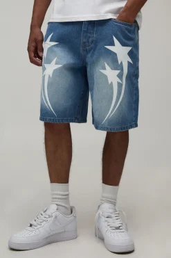Short En Jean À Coutures Contrastées Et Motif Étoile Coupe Décontractée