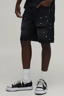 Short En Jean Déchiré Décontracté Orné De Strass