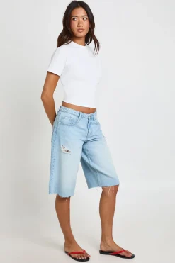 Short En Jean Déchiré Taille Mi-haute