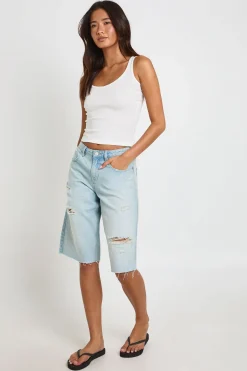 Short En Jean Déchiré Taille Mi-haute